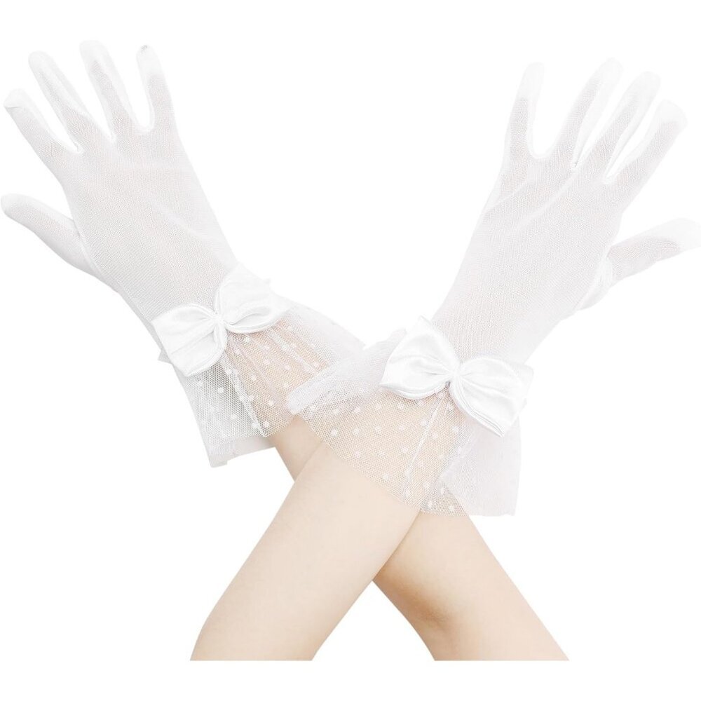Women's Short White Lace Bow  Polka Dots Gloves Mesh Wedding Tea Party Prom